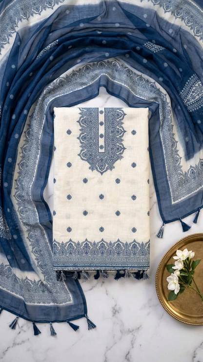 Ivory blue floral ethnic suit set with Designer Dupatta