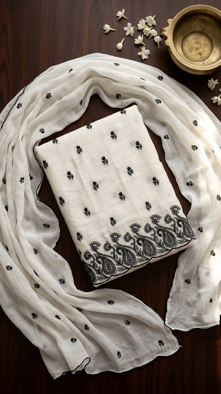Ivory and black embroidered suit set with Scalloped Dupatta