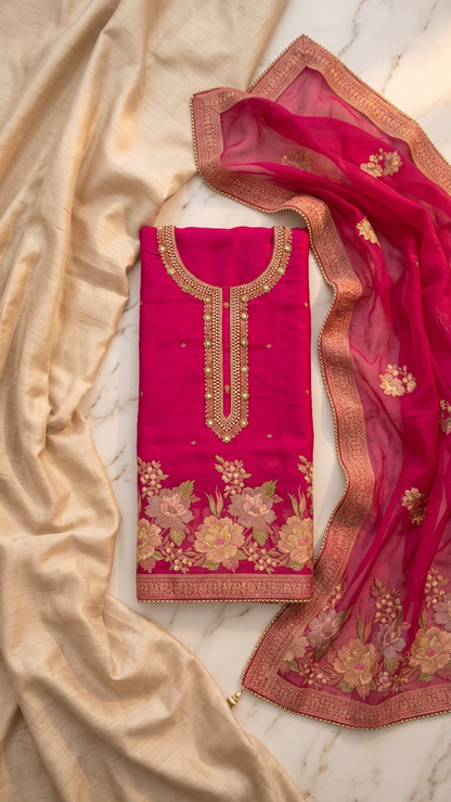 Rani pink embroidered suit set with Floral Dupatta for Women
