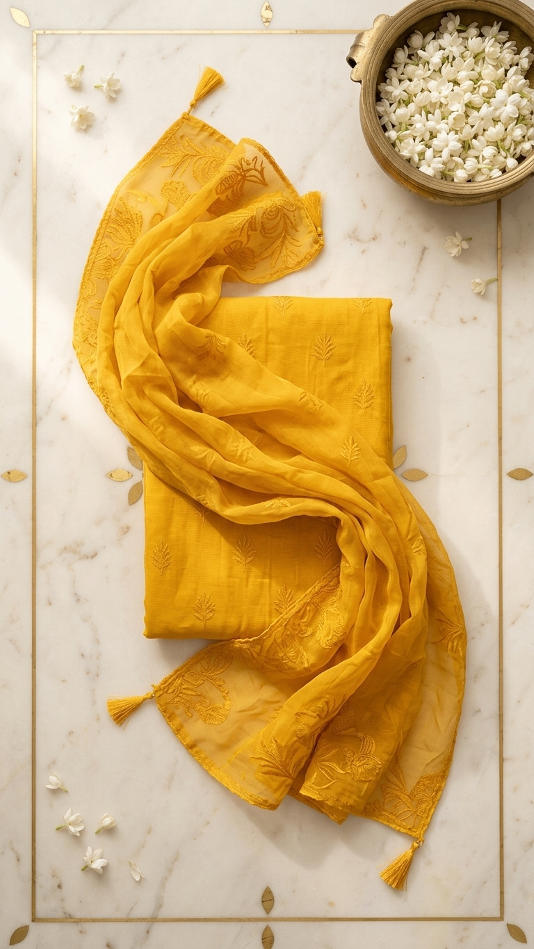Mustard yellow embroidered suit set with Peacock Motif & Dupatta