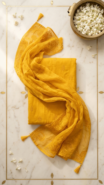 Mustard yellow embroidered suit set with Peacock Motif & Dupatta