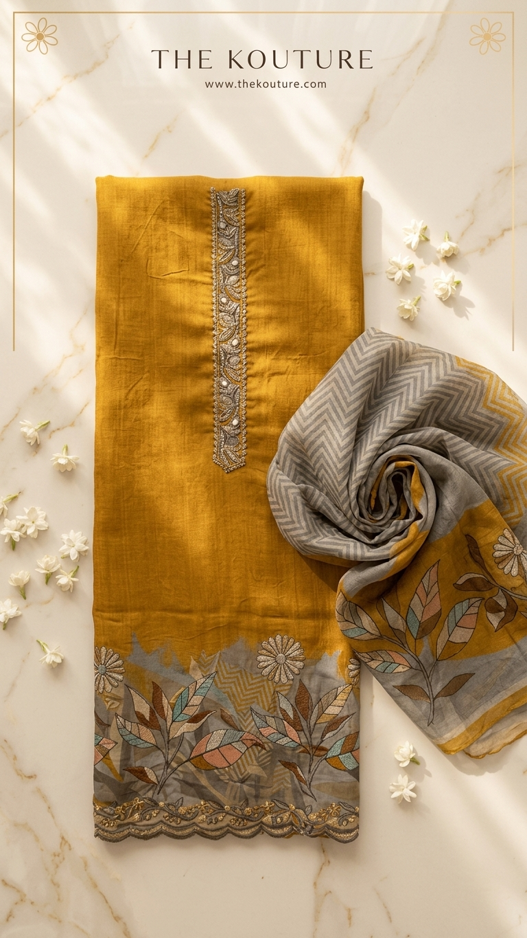 Mustard yellow suit set with Printed Dupatta for Women