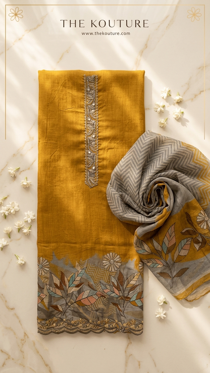Mustard yellow suit set with Printed Dupatta for Women