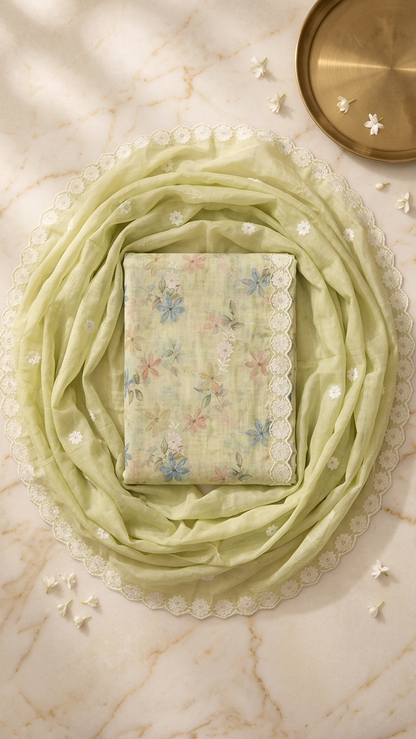 Pistachio green luxury suit set Floral Embroidered with Lace Dupatta