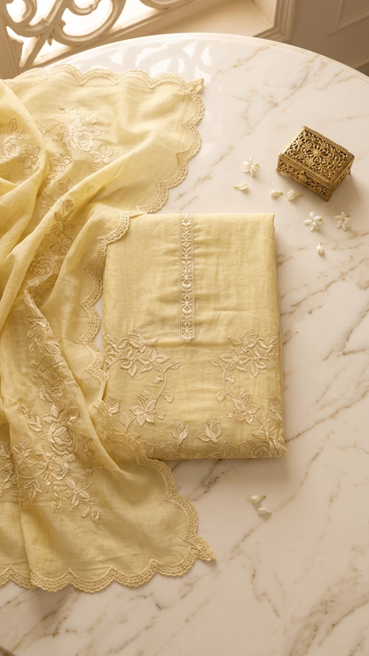 Pastel yellow embroidered cotton suit set with Dupatta for Women