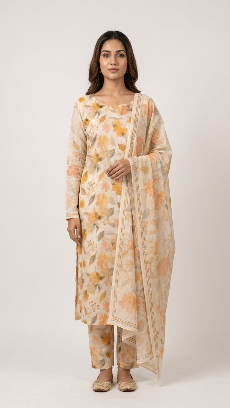 Elegant Peach Suit Set Floral Linen Silk Suit with Dupatta