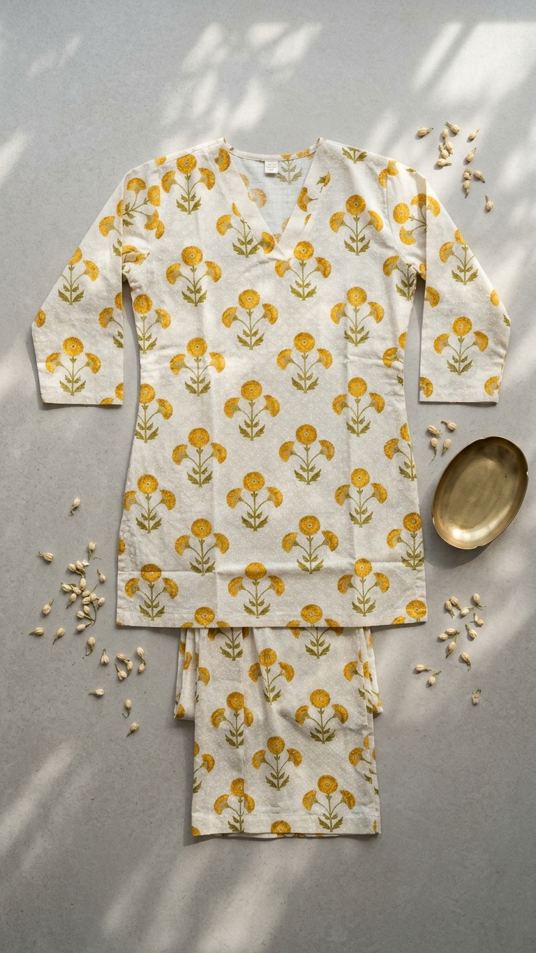 Women's Floral Cotton Co-Ord Set – Premium White Printed Kurta & Palazzo Set