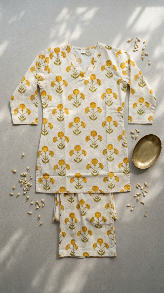 Women's Floral Cotton Co-Ord Set – Premium White Printed Kurta & Palazzo Set
