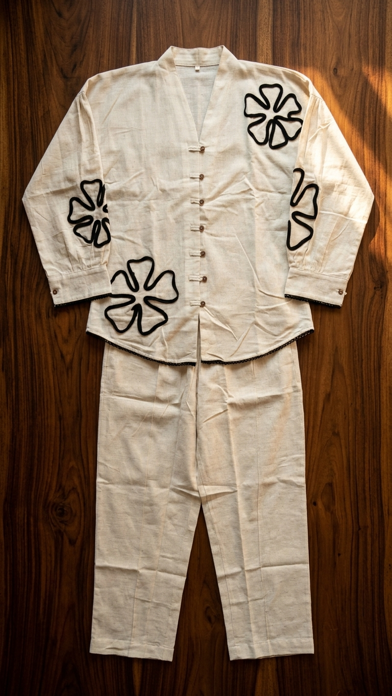 Premium Cotton Blend Co-Ord Set for Women | Off-White Floral Appliqué Lounge & Resort Wear Set