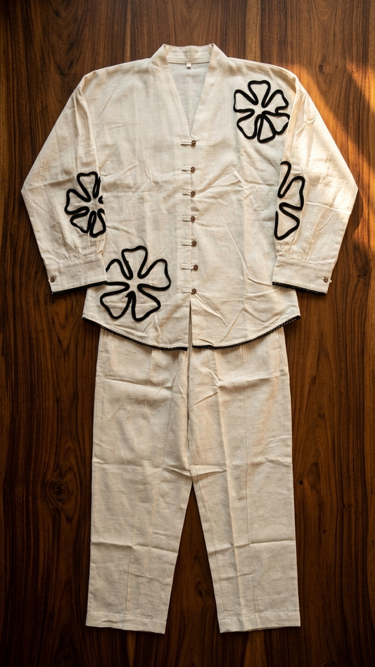 Premium Cotton Blend Co-Ord Set for Women | Off-White Floral Appliqué Lounge & Resort Wear Set