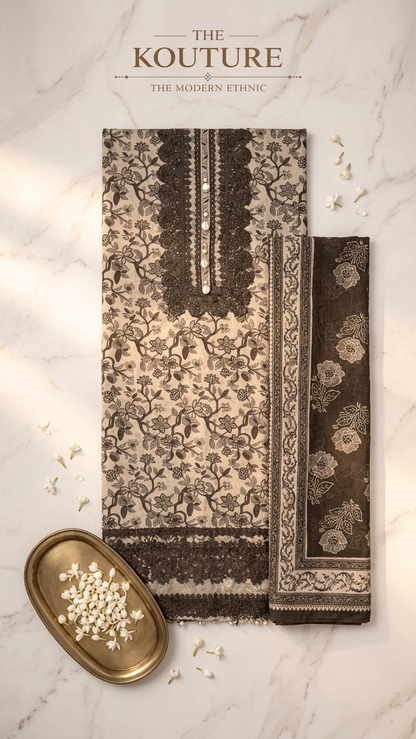 Ivory floral embroidered suit set with Lace Detailing & Dupatta
