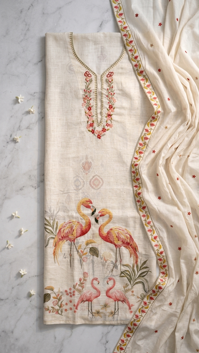 Ivory flamingo print suit set with Embroidered Neckline & Dupatta