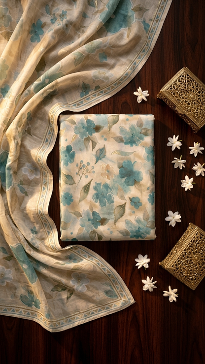 Foral printed suit fabric with dupatta Cream & Aqua Blue