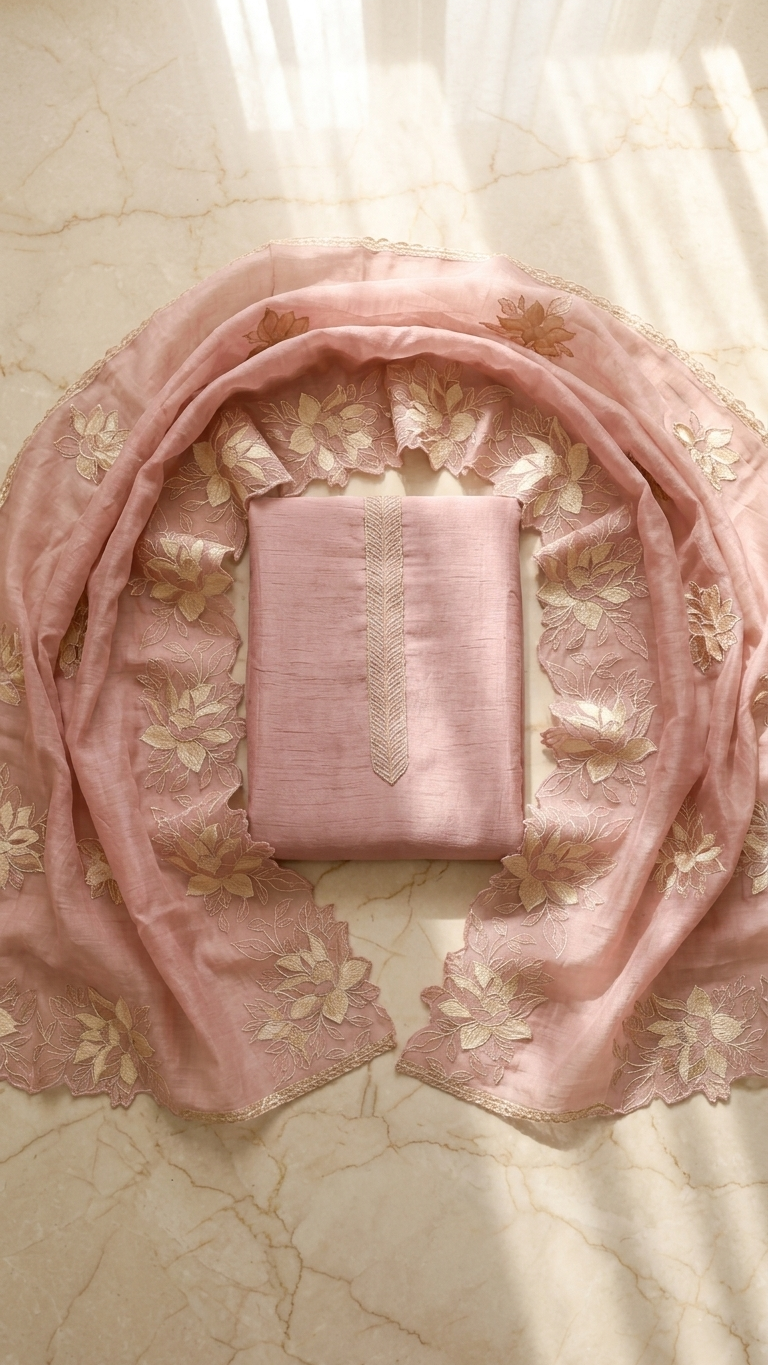 Dusty Rose Floral Embroidered Suit Set with Dupatta