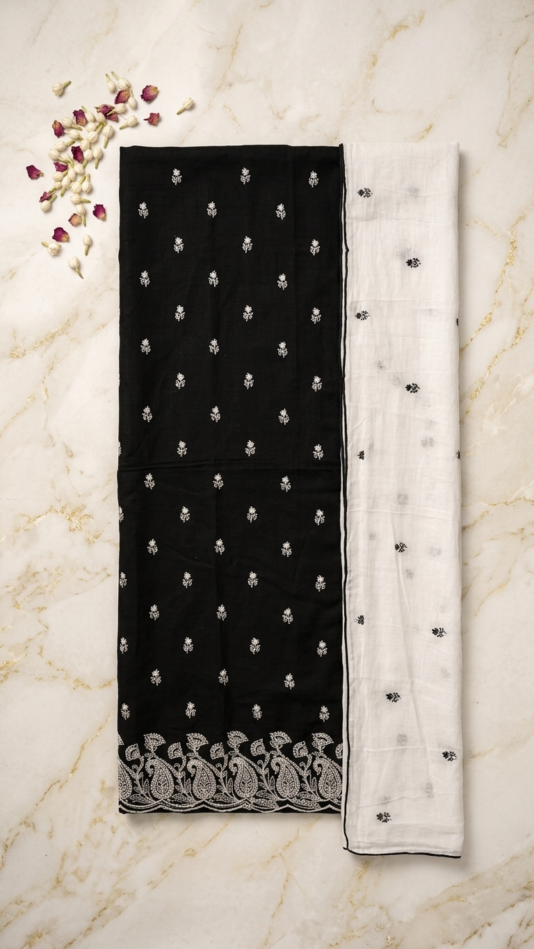 Black cotton suit set with embroidered dupatta for Women