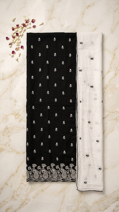 Black cotton suit set with embroidered dupatta for Women