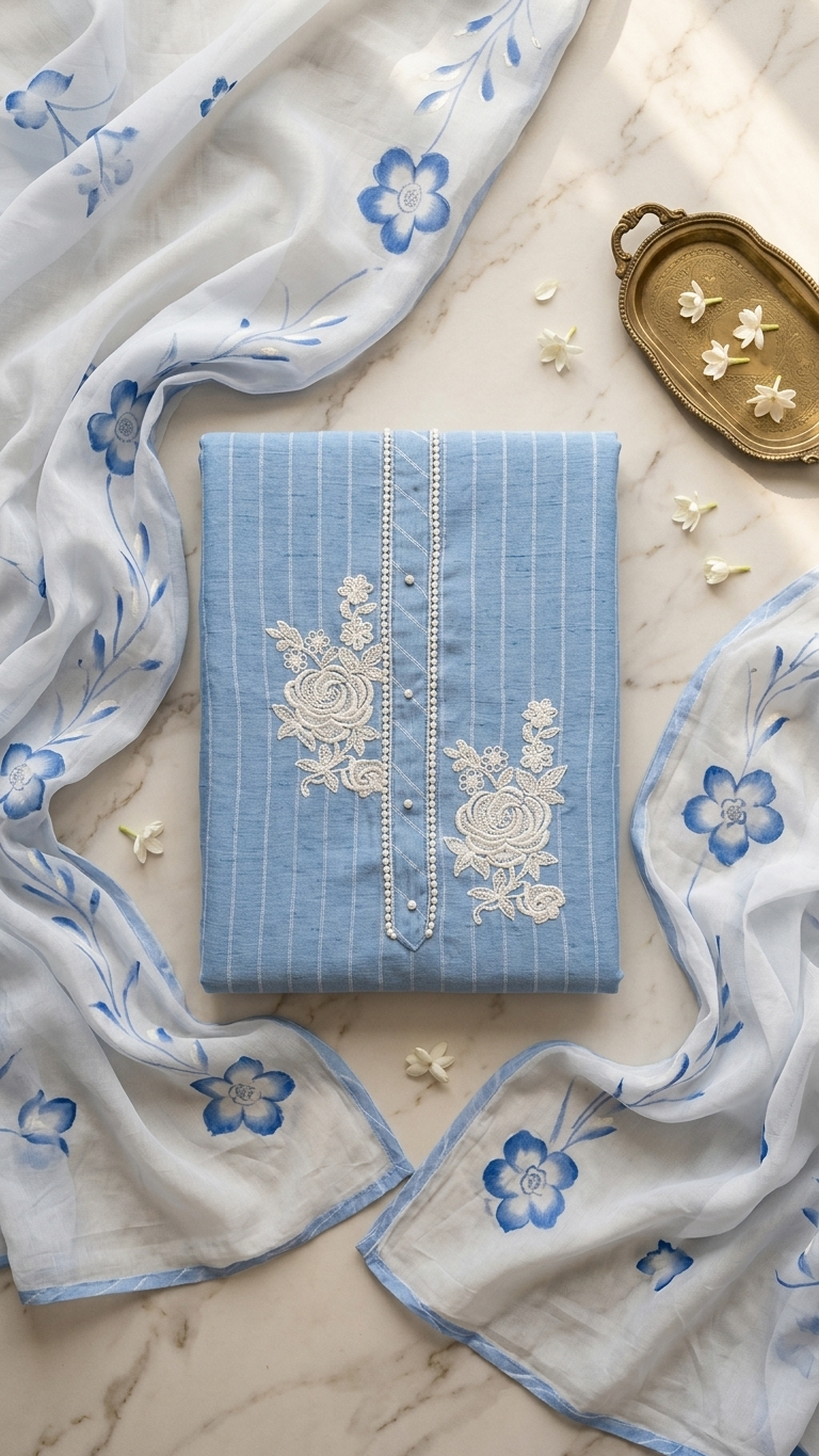 Sky blue ethnic suit set with Printed Dupatta