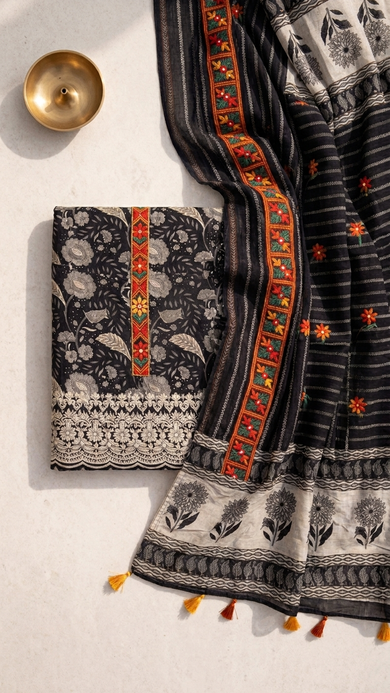 Black floral printed suit set with Multicolor Embroidered Neckline