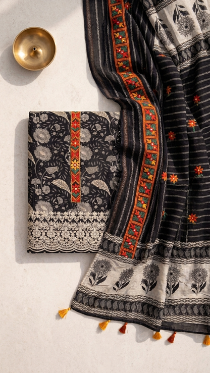 Black floral printed suit set with Multicolor Embroidered Neckline