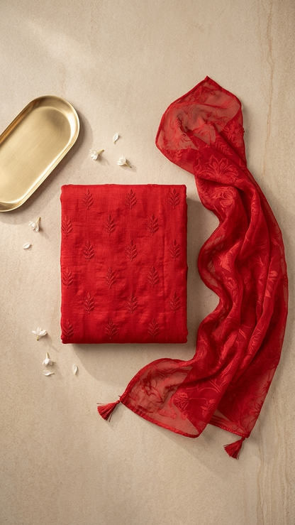 Vermilion red embroidered suit set with Peacock Motif & Dupatta