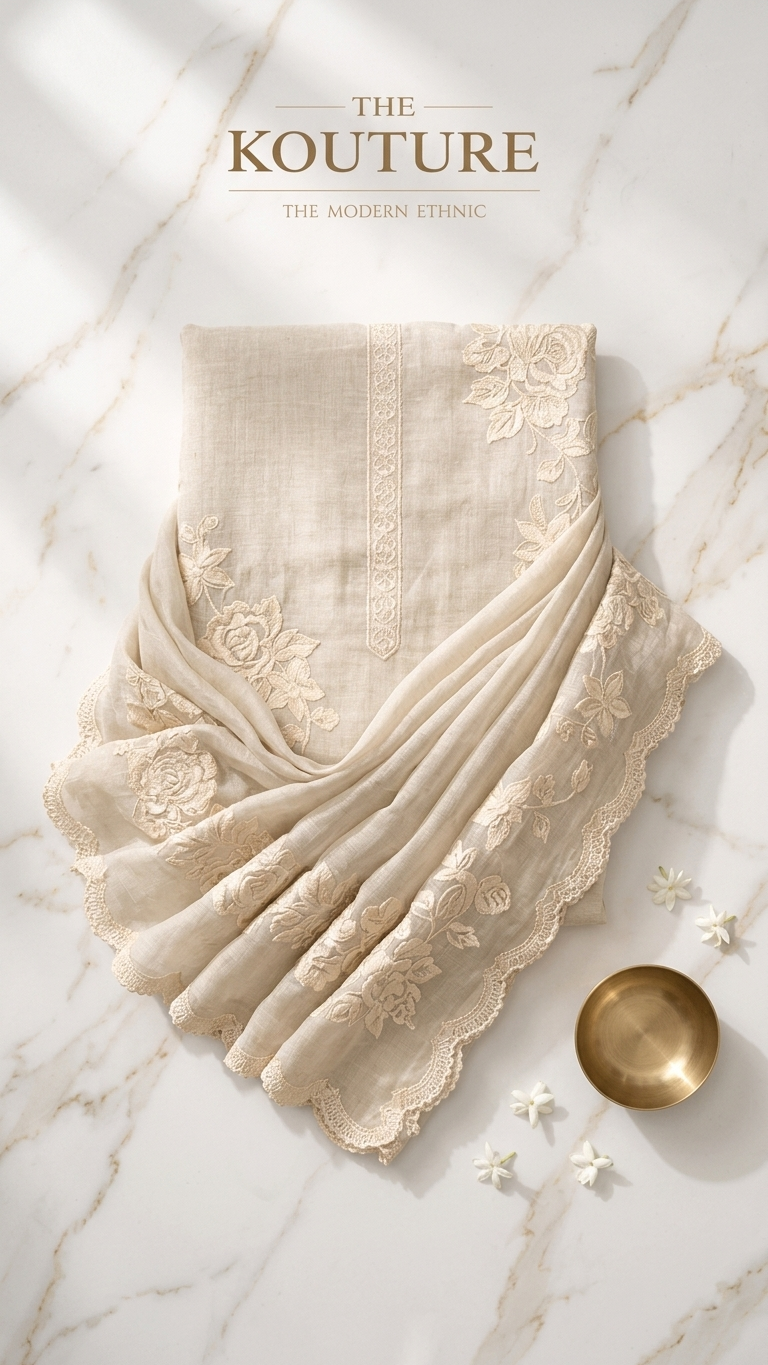 Beige embroidered cotton suit set with Dupatta for Women