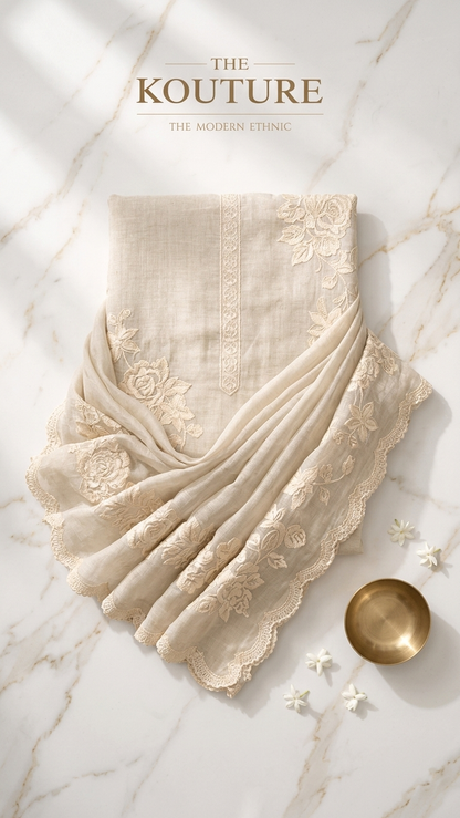 Beige embroidered cotton suit set with Dupatta for Women