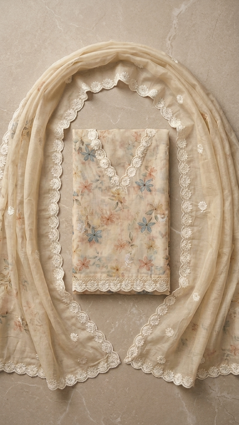 Beige floral embroidered suit set with Lace Dupatta