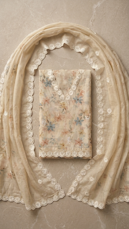 Beige floral embroidered suit set with Lace Dupatta
