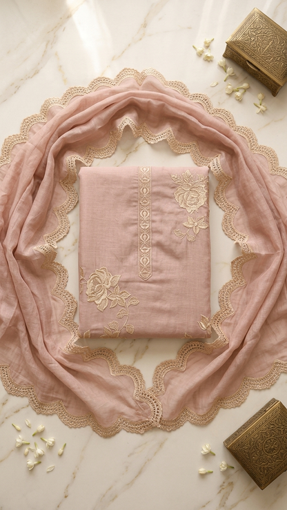 Blush pink embroidered cotton suit set with Dupatta for Women