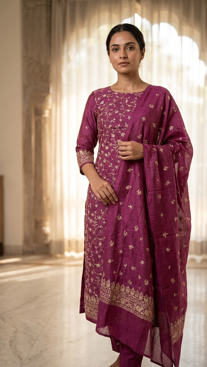 wine magenta silk suit set with Dupatta for Women