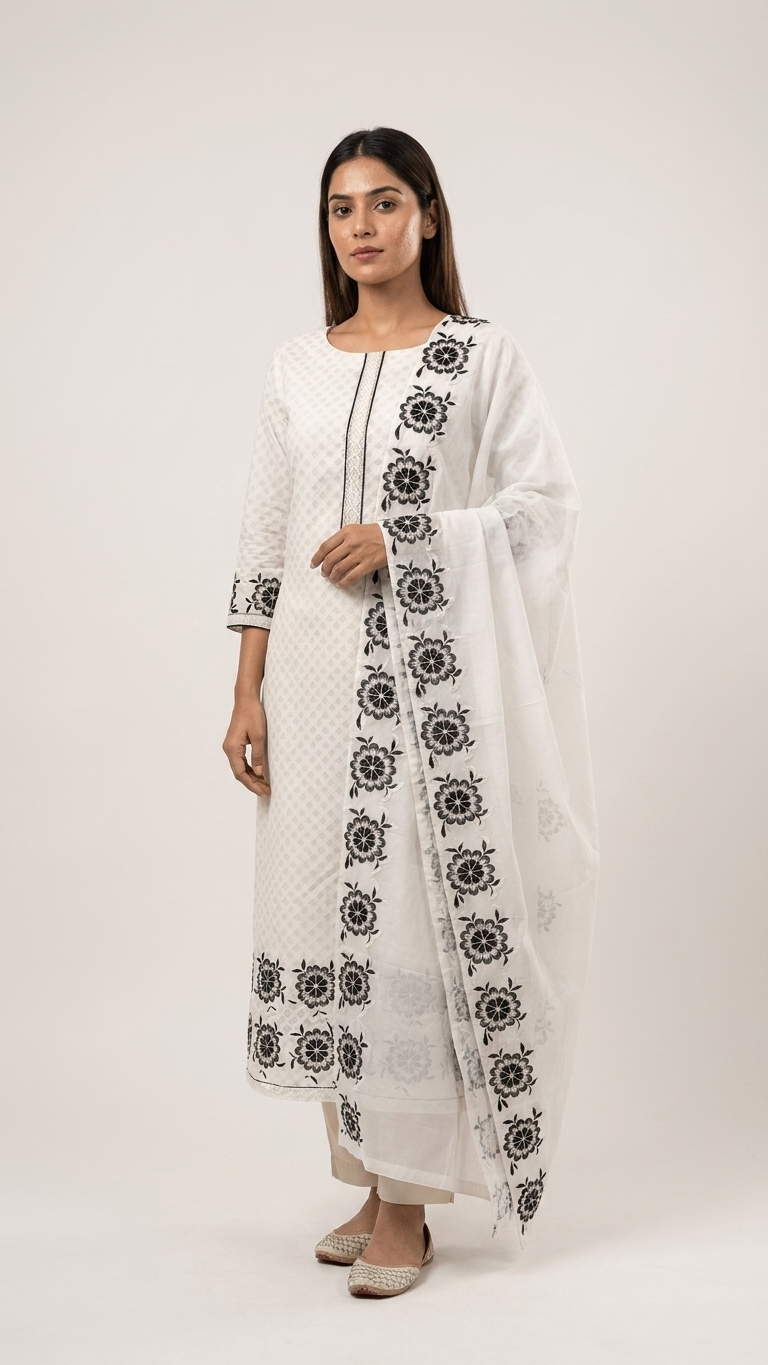 Elegant ivory cotton suit set with Black Floral Embroidery