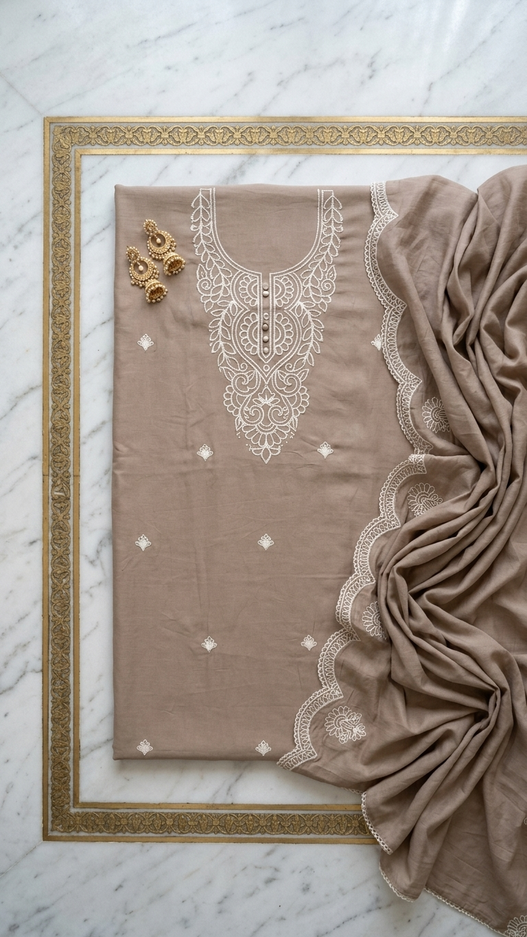 Mocha brown embroidered lawn suit with Dupatta