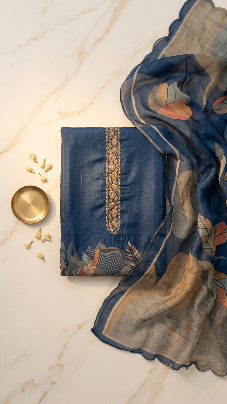 Navy blue muslin suit set with Printed Dupatta for Women