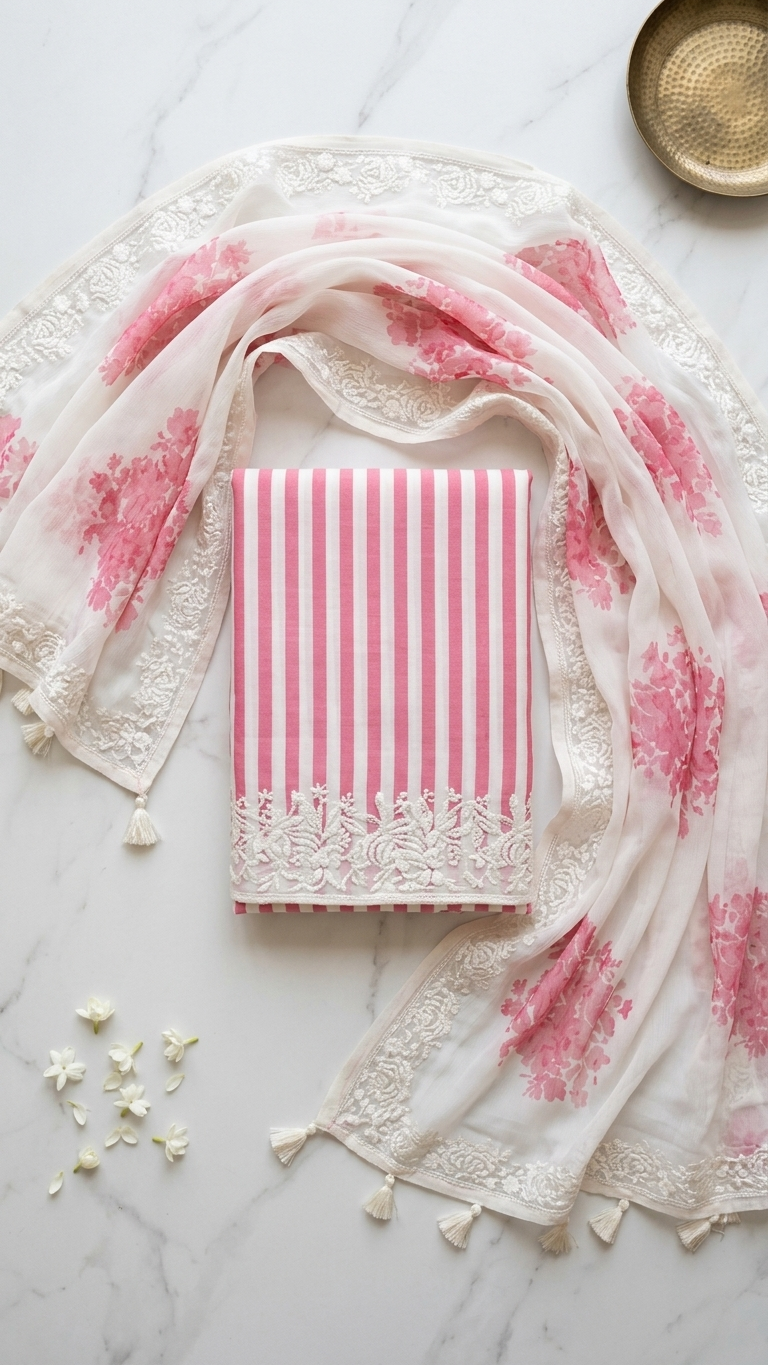 Pink ivory striped ethnic suit set with Floral Dupatta
