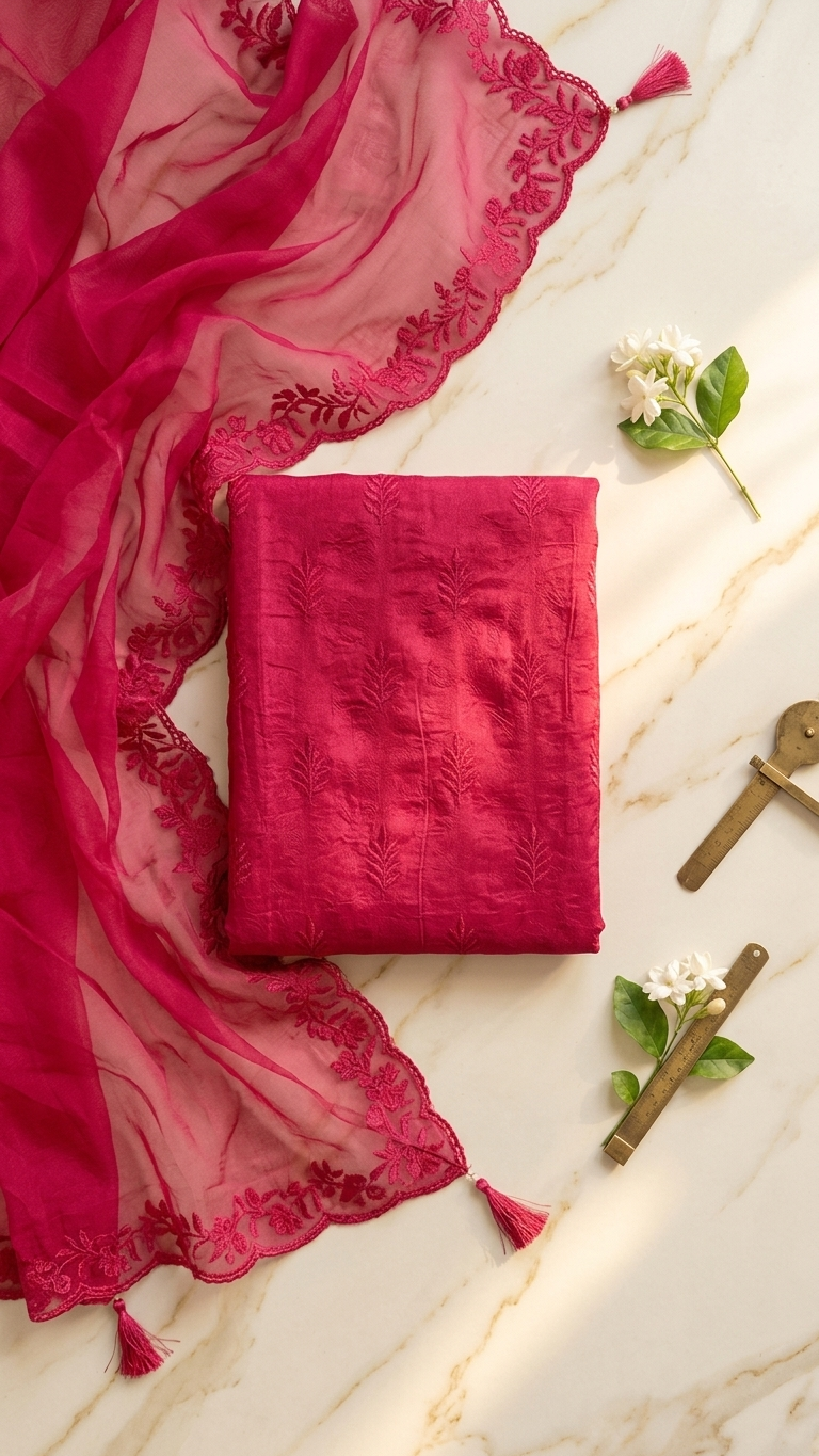 Elegant rani pink suit set with Sheer Dupatta for Women