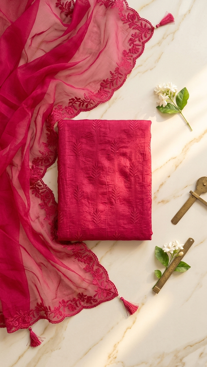 Elegant rani pink suit set with Sheer Dupatta for Women