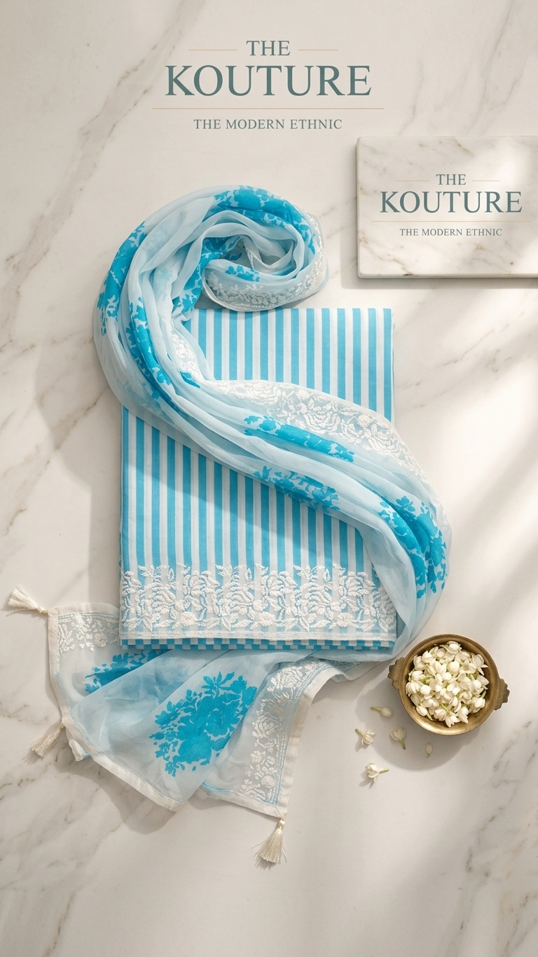 Aqua Blue Striped Embroidered Suit Set with Floral Dupatta