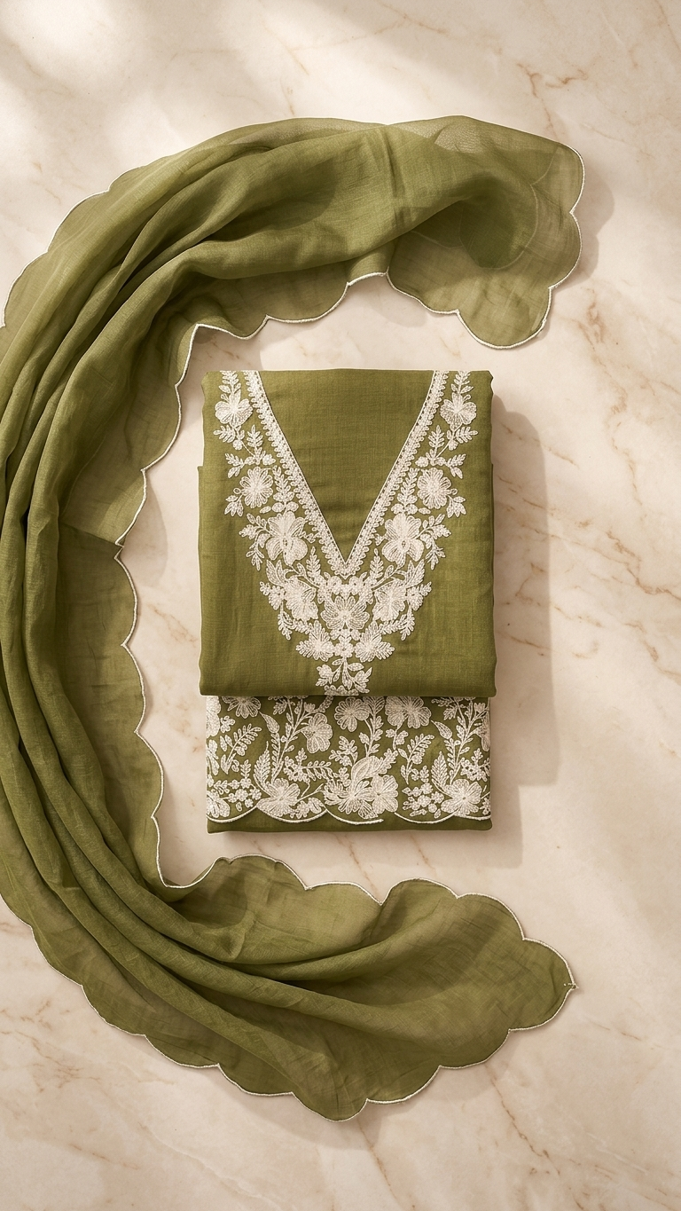 Olive green embroidered suit with Dupatta