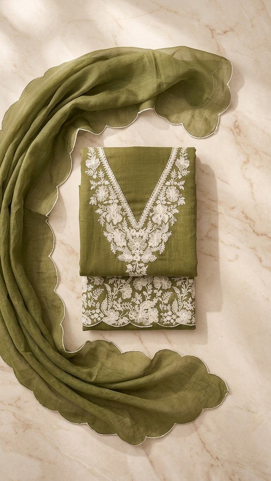 Olive green embroidered suit with Dupatta