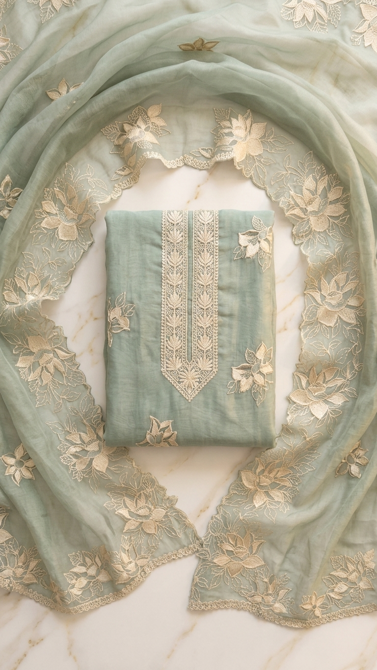 Mint green embroidered lawn suit with Dupatta