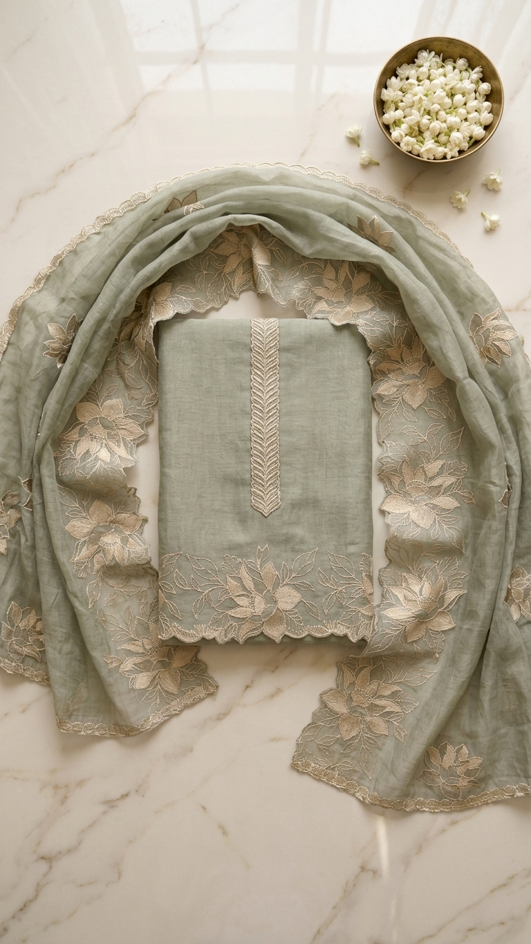 Elegant floral embroidered suit set with Dupatta