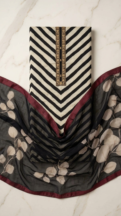 Black ivory ethnic suit set with Printed Dupatta