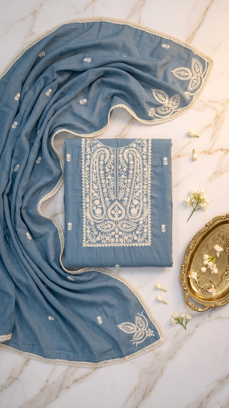 Dusty blue embroidered suit with Dupatta
