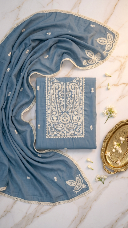 Dusty blue embroidered suit with Dupatta
