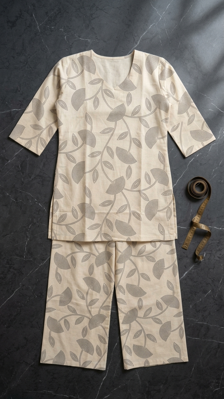 Women's Cotton Blend Co-Ord Set with Beige Botanical Print | Premium Casual Lounge Wear