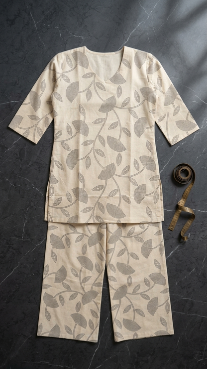 Women's Cotton Blend Co-Ord Set with Beige Botanical Print | Premium Casual Lounge Wear