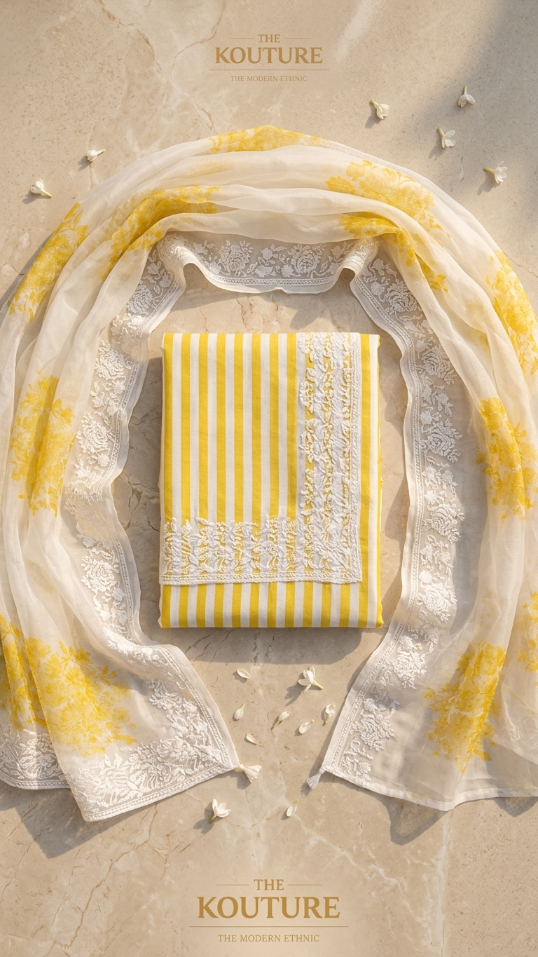 yellow striped embroidered suit set