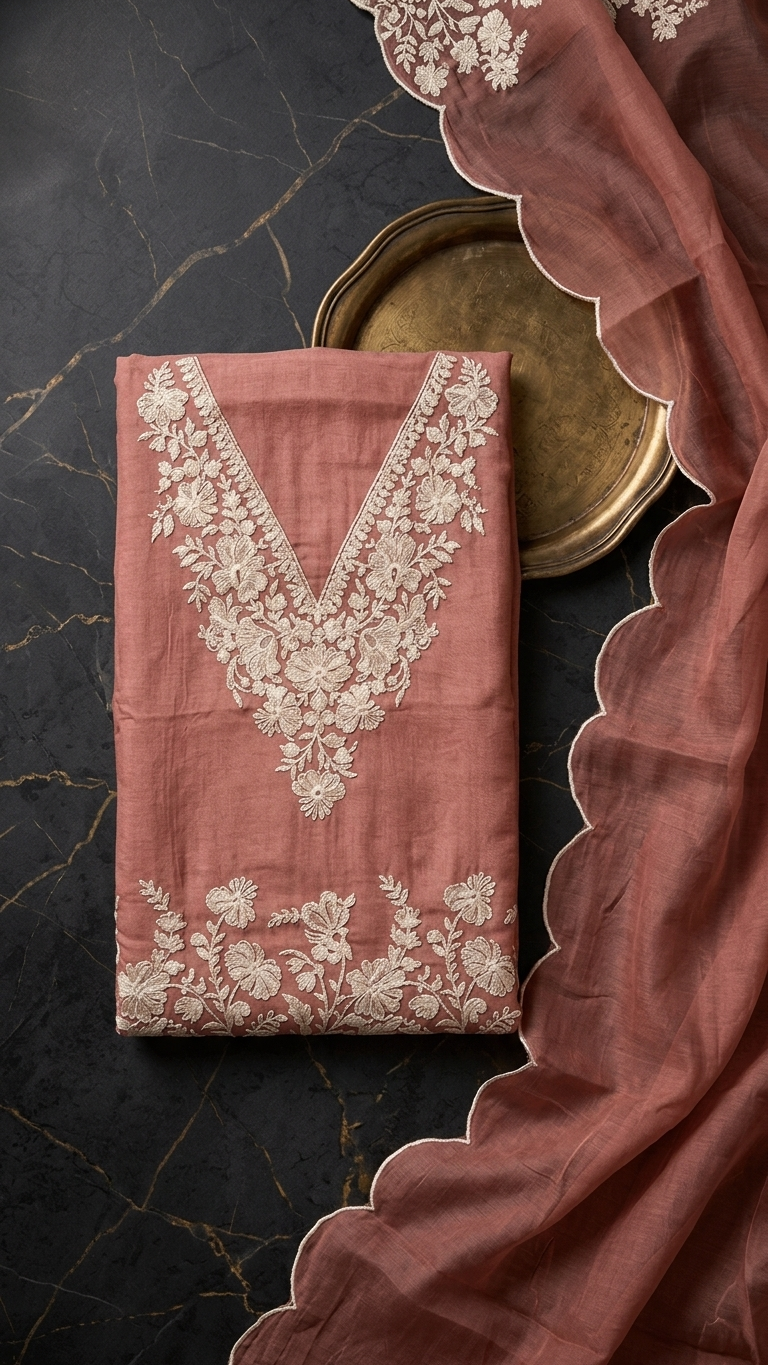 Blush Pink Suit Set with Handcrafted White Floral Embroidery & Dupatta