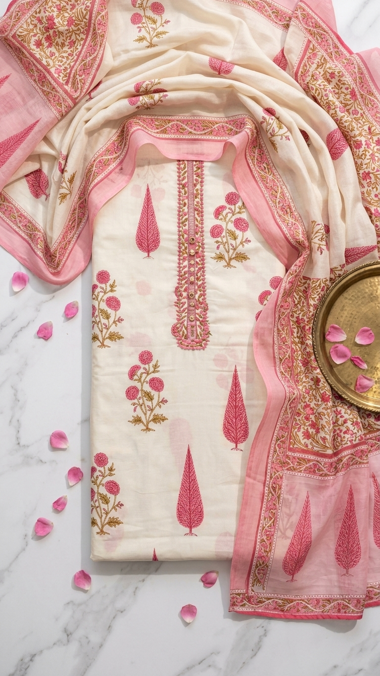 Cream pink embroidered ethnic suit set with Designer Dupatta