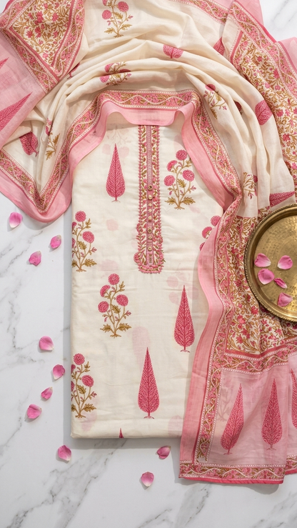 Cream pink embroidered ethnic suit set with Designer Dupatta
